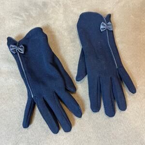 Navy Blue Gloves Bow Detail Satin Tech Touch Finger Thumb Plush Lined